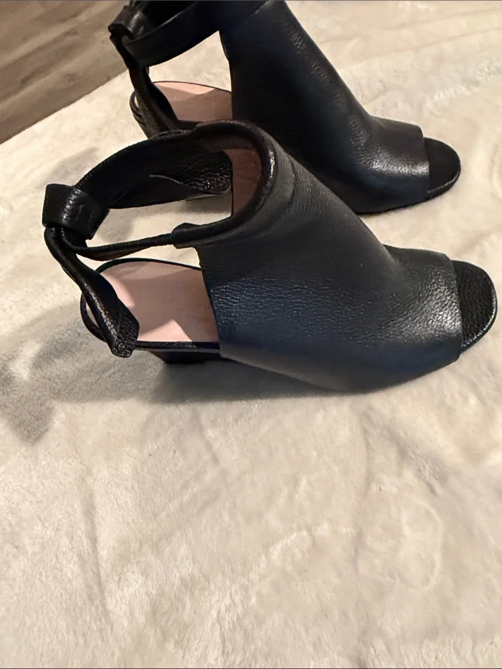 kate spade Black Leather Open-Toe Ankle-Wrap Wedge Sandals